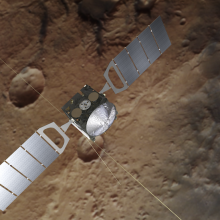 A graphic showing the European Space Agency's Mars Express Orbiter flying above Mars.