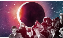 a crowd of people gawk at the eclipsed sun