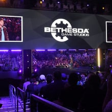 The director and executive producer at Bethesda Game Studios, Todd Howard, addresses the crowd during the Bethesda E3 conference at LA Live