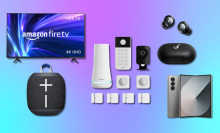 Amazon Fire TV, UE Wonderboom speaker, SimpliSafe security system, Soundcore earbuds, and Samsung Galaxy Fold 6 with purple and blue background