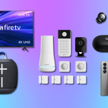 Amazon Fire TV, UE Wonderboom speaker, SimpliSafe security system, Soundcore earbuds, and Samsung Galaxy Fold 6 with purple and blue background