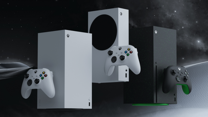 new 2024 xbox consoles with controllers against a galactic background