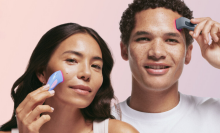 woman and man using solawave bye acne device