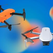 two drones on a blue background with orange accent bubbles
