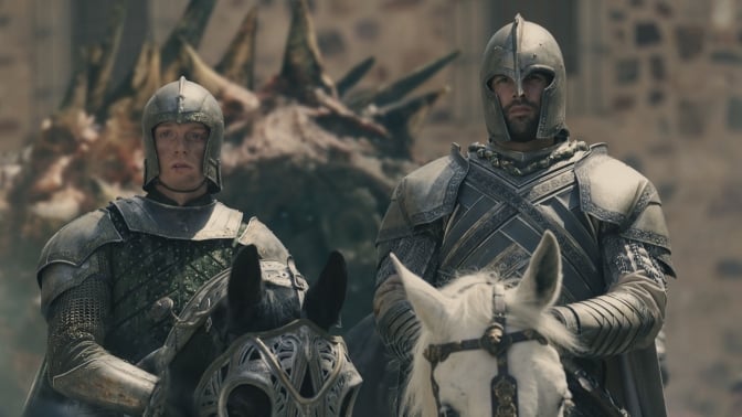 Freddie Fox and Fabien Frankel on horses in "House of the Dragon."