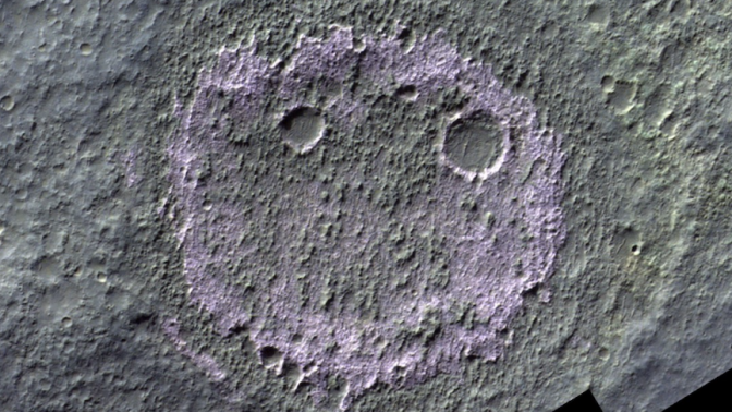 The purple areas show salt deposits left on Mars by past accumulations of briny water.