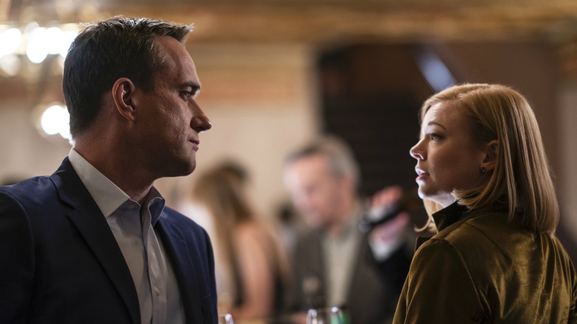 A still from HBO's "Succession" featuring stars Matthew Macfadyen and Sarah Snook.