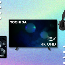 Apple iPad, Toshiba 4K TV, and Sennheiser wireless earbuds on pastel blue, green, and purple background
