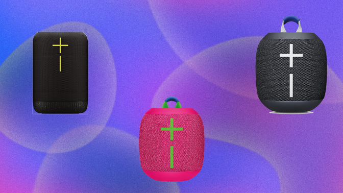 Three speakers on a purple abstract background.