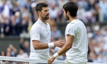 Djokovic and Alcaraz shake hands across the net