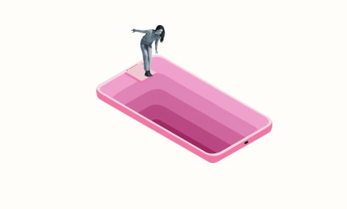 A composite image of a woman appearing to lean into a phone.