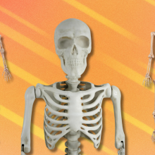 Multiple posable skeletons on orange and yellow abstract background