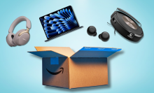 Amazon Prime box with Bose headphones, MacBook Air, Amazon Echo Buds, and Roomba hovering above it