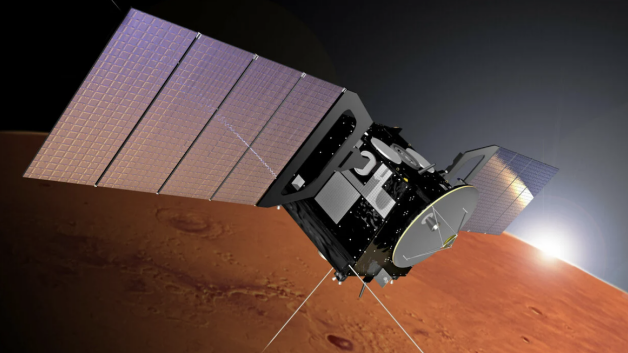 An artist's conception of the European Space Agency's Mars Express orbiter flying above Mars.