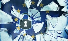 Shattered glass with padlock icon and EU flag