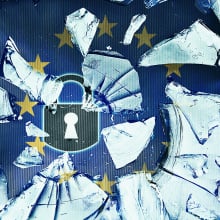 Shattered glass with padlock icon and EU flag