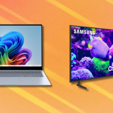 Samsung Galaxy Book4 Edge and 50-inch Samsung Crystal UHD 4K TV on orange abstract background