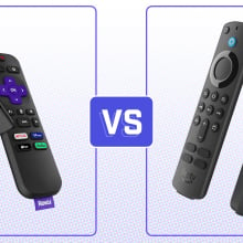 A Roku and Amazon Fire TV stick on a purple background with a versus symbol.