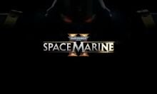 logo for "Warhammer 40,000: Space Marine II." The title is displayed prominently in large, metallic font with a dark background, featuring a faint outline of a Space Marine's helmet above the logo. The text "Warhammer 40,000" appears in smaller letters on a banner above the main title.