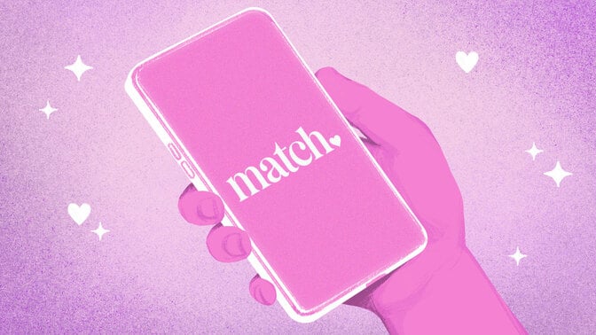 A drawn hand holding a phone with the match logo