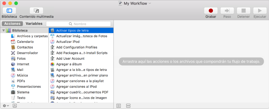 Ventana de Automator mostrando la acción “Activar tipos de letra” seleccionada y un flujo de trabajo vacío.