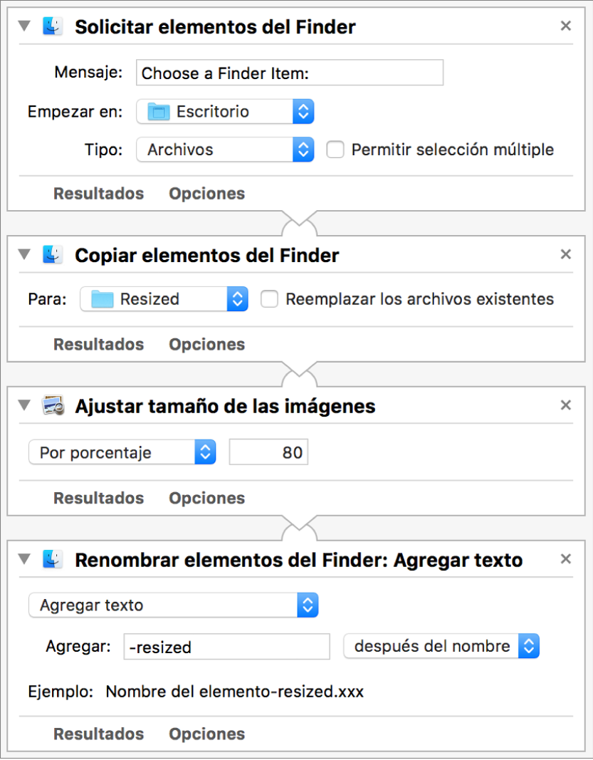 Un flujo de trabajo de Automator con cuatro acciones.