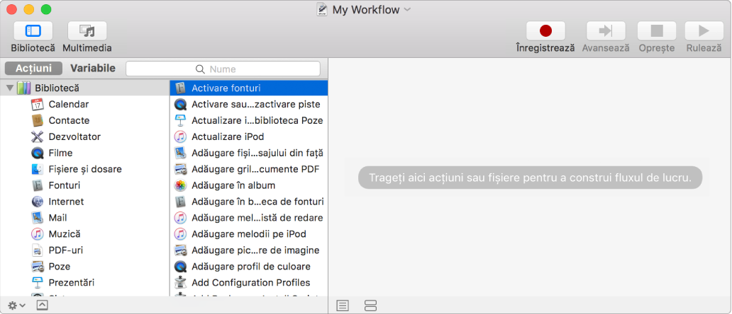 Fereastra Automator prezentând acțiunea Activare fonturi selectată și un flux de lucru gol.
