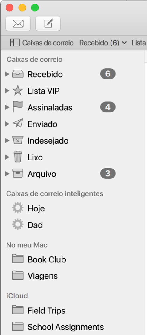 Barra lateral do Mail a mostrar as caixas de correio padrão (como Recebido e Rascunhos), na parte superior da barra lateral, e as caixas de correio criadas nas secções No meu Mac e iCloud.