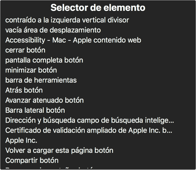 El selector de elementos es un panel que muestra una lista de elementos como un área de desplazamiento vacía, el botón para cerrar, la barra de herramientas, el botón para compartir, etc.