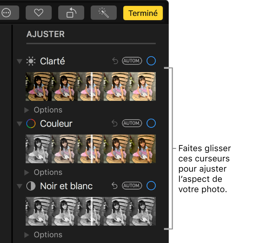 Les curseurs Clarté, Couleur et Noir et blanc dans la sous-fenêtre Ajuster. Un bouton Autom. s’affiche au-dessus de chaque curseur.
