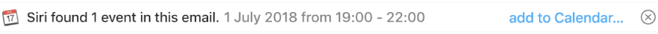 A banner below the message header in the preview area shows information about an event Siri found in the message. A link to add the event to Calendar is located at the right end.