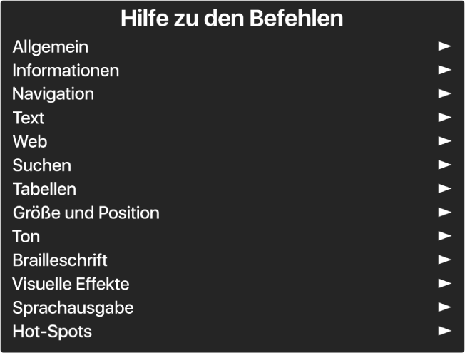 Das Menü „Hilfe“ ist ein Panel, das Befehlskategorien auflistet und dabei mit der Kategorie „Allgemein“ beginnt und mit der Kategorie „Hot-Spots“ endet. Rechts neben jedem Objekt in der Liste befindet sich ein Pfeil, der zu einem Untermenü führt.