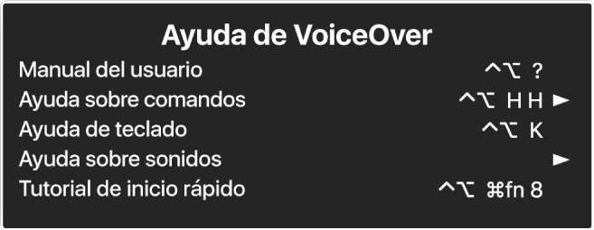 El menú Ayuda de VoiceOver es un panel que incluye lo siguiente, de forma descendiente: Ayuda en Internet, Ayuda sobre Comandos, Ayuda de teclado, Ayuda sobre sonidos, Tutorial de inicio rápido y Manual de introducción. A la derecha de cada elemento se encuentra el comando de VoiceOver que muestra el elemento, o una flecha para acceder al submenú.