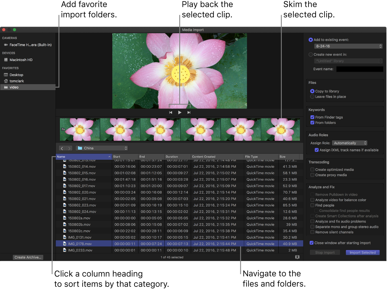 The Media Import window displaying media in the selected folder