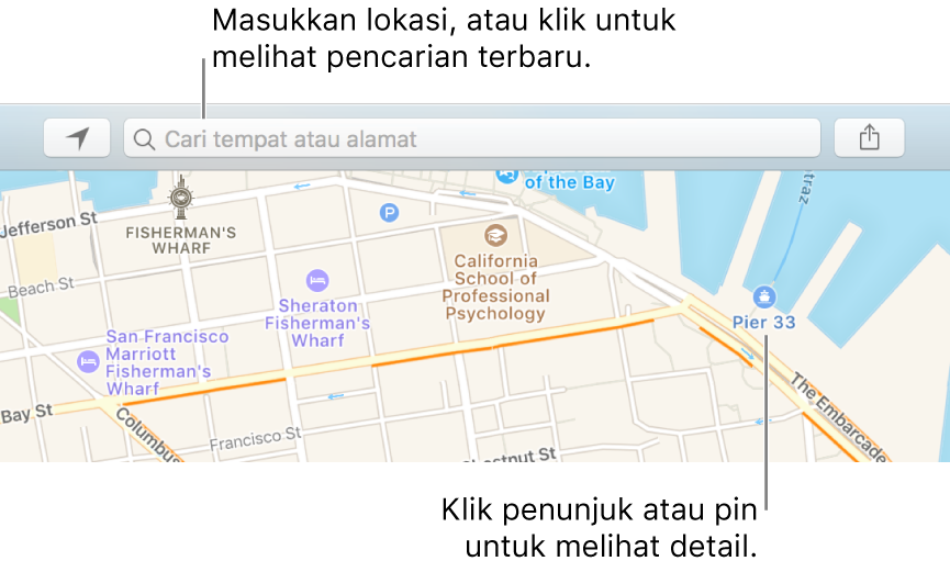 Masukkan lokasi di bidang pencarian atau klik bidang pencarian untuk melihat pencarian terbaru. Klik penanda atau pin untuk melihat detail.