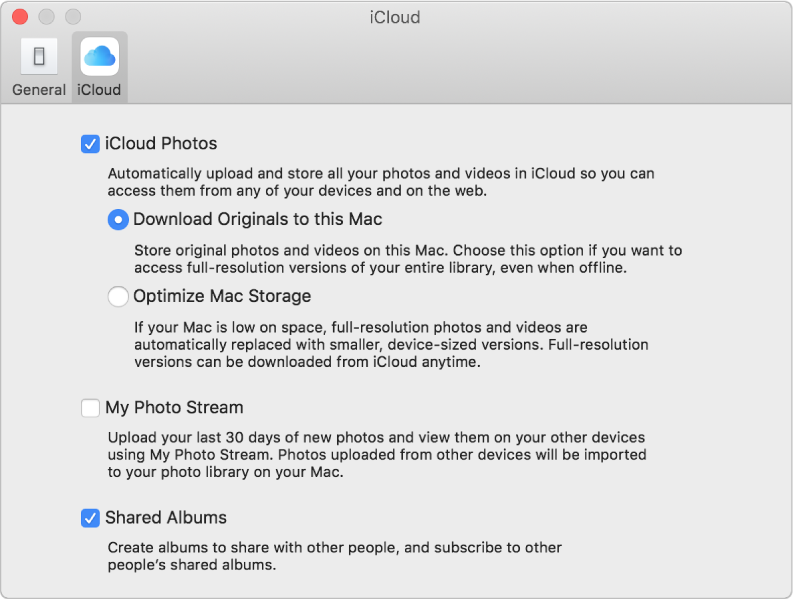 The iCloud pane of Photos preferences.