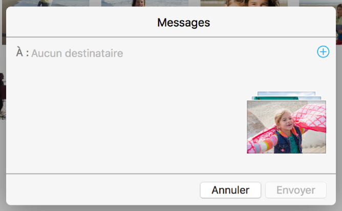 Une zone de dialogue pour ajouter des destinataires lors du partage de photos à partir de l’app Photos via Messages.