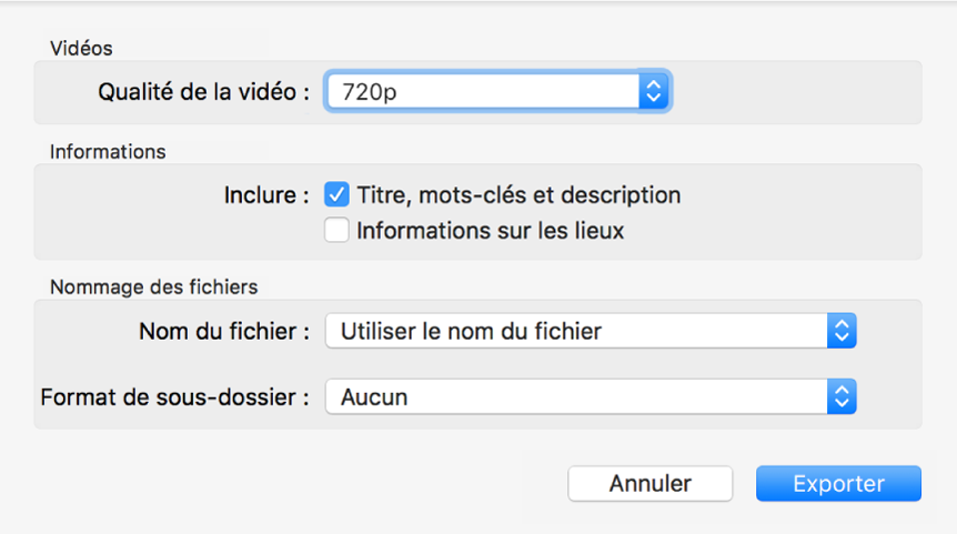 Une zone de dialogue présentant les options d’export de vidéos.