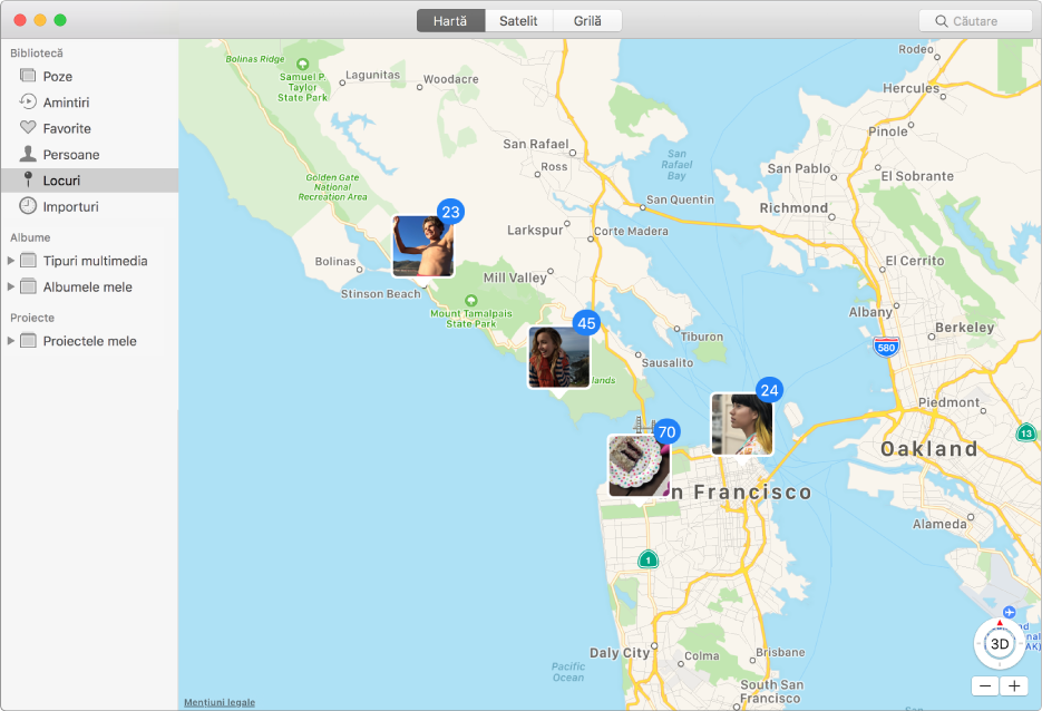 Fereastra Poze afișând o hartă cu miniaturi de poze grupate după loc.