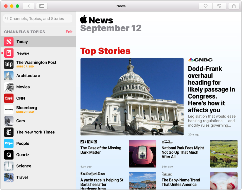 The Apple News window with the sidebar on the left and stories on the right.