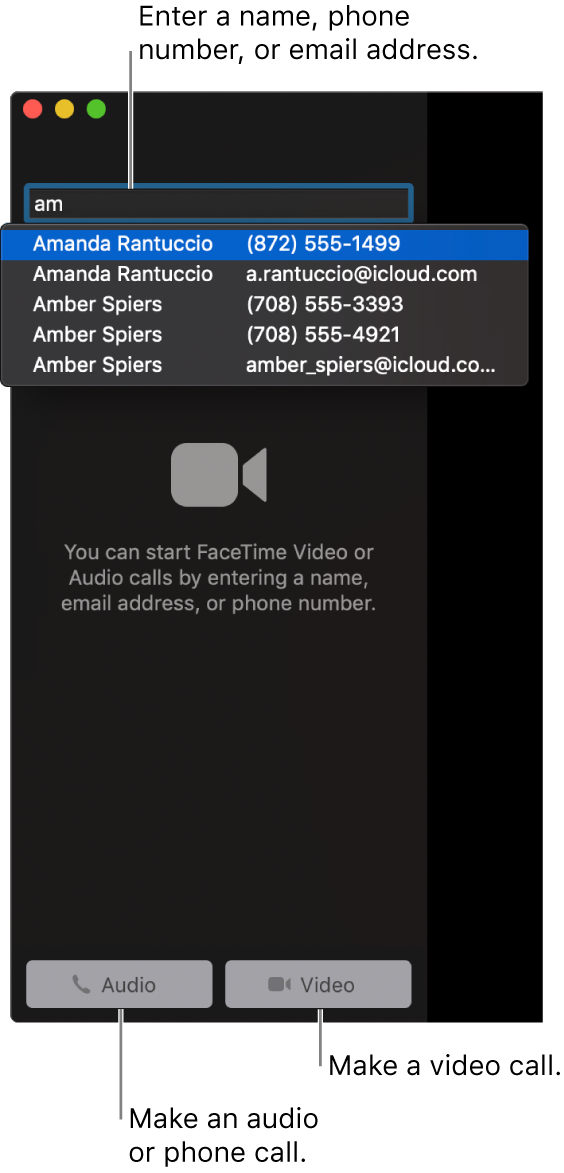 Enter a name, phone number, or email address in the search bar. Click the Video button to make a FaceTime video call. Click the Audio button to make a FaceTime audio or phone call.