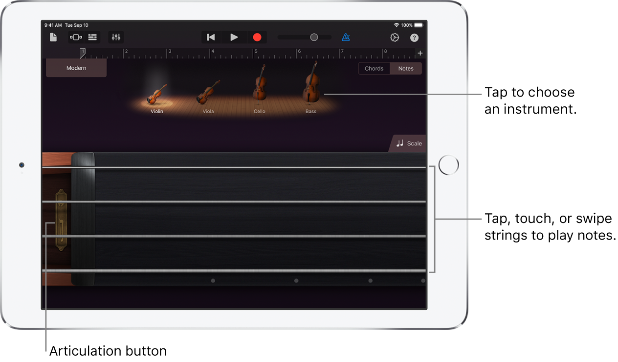 Notes view on the Strings Touch Instrument