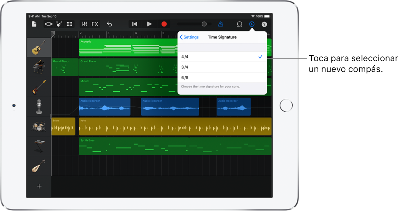 Configuración de la canción, incluidos los controles de compás