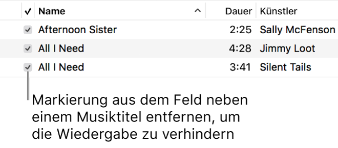 Details der Ansicht „Titel“ im Bereich „Musik“, Darstellung der Kontrollkästchen auf der linken Seite Durch Deaktivieren des Kontrollkästchens neben einem Titel wird das Abspielen des Titels verhindert.