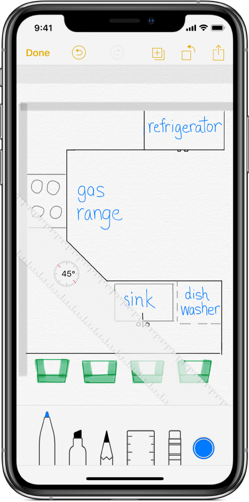 A sketch showing a kitchen floor plan with a ruler at 45 degrees. Drawing tools appear below the sketch.