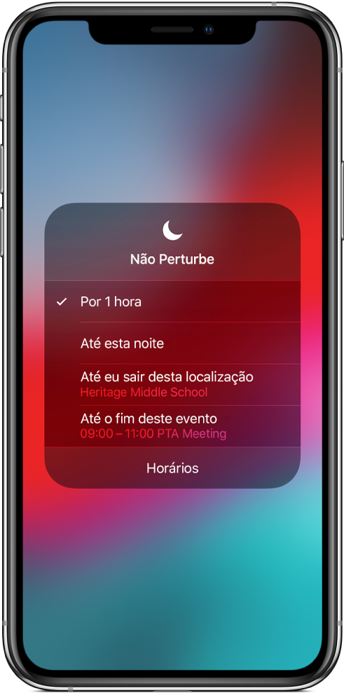 Tela mostrando opções para desativar o Não Perturbe por uma hora, até esta noite, até sair de uma localização ou até o fim de um evento.