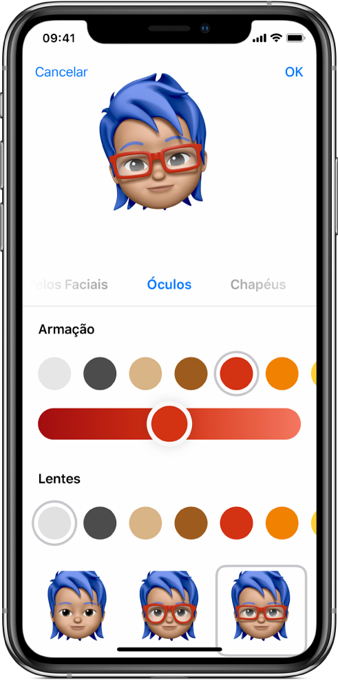 Tela do mensagens mostrando um Memoji sendo criado.