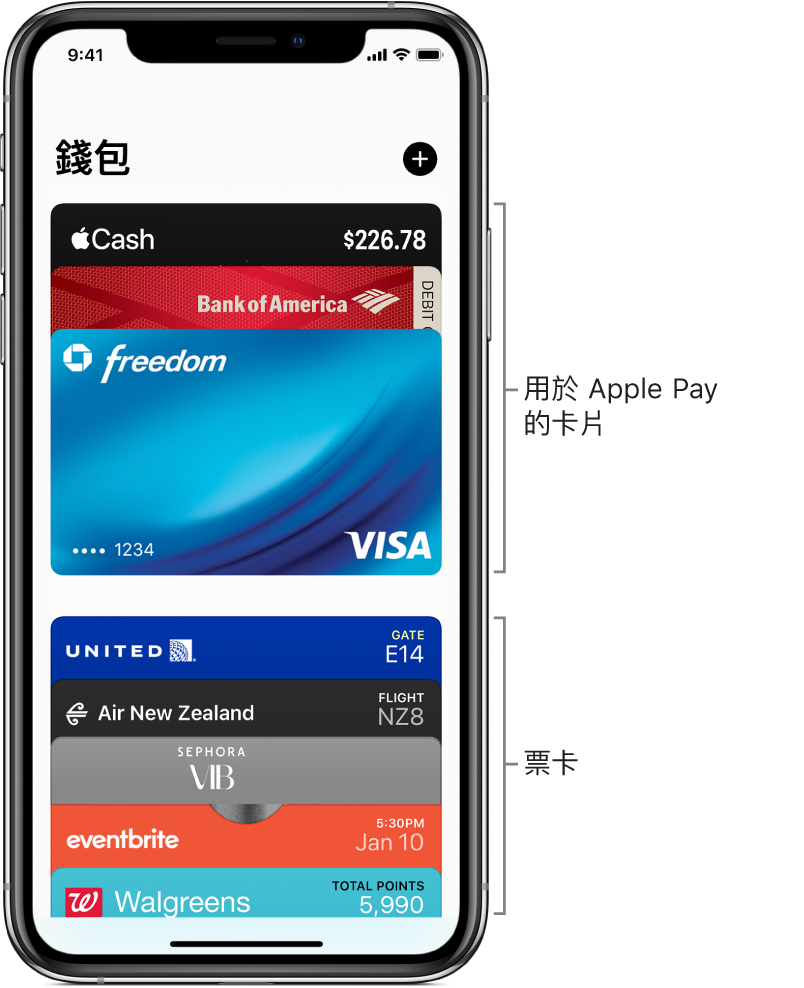 「錢包」畫面，顯示多張信用卡和金融卡以及票卡的上半部。
