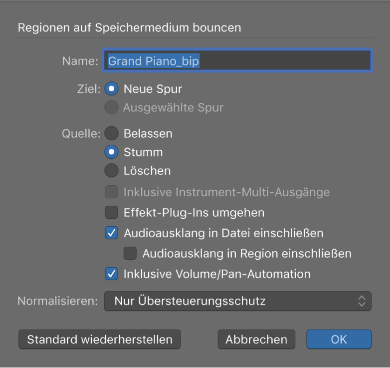 Abbildung. Dialogfenster „Regionen bouncen auf Speichermedium“