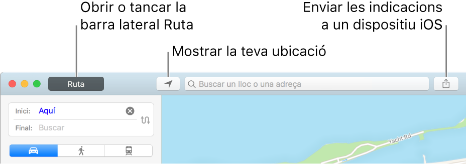 Finestra de l’app Mapes amb els botons Ruta, “Posició actual” i Compartir de la barra d’eines.
